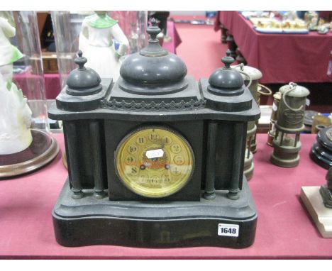 A XIX Black Slate Mantel Clock, with finial tops, circular dial on a plinth base.