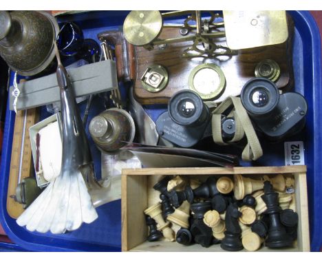 Brass Post Office Scales, chess set, Kershaw binoculars, etc:- One Tray
