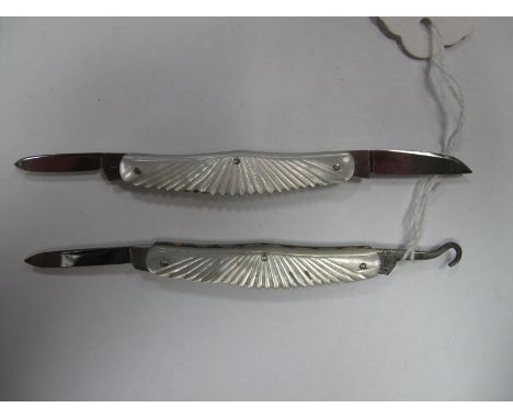 Two Decorative Folding Pocket/Penknives, one with button hook, both with shaped textured mother of pearl scales. (2)