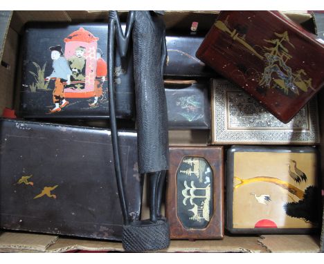 Early XX Century Japanese Lacquer Boxes, African carving of a man holding a stick, etc:- One Box