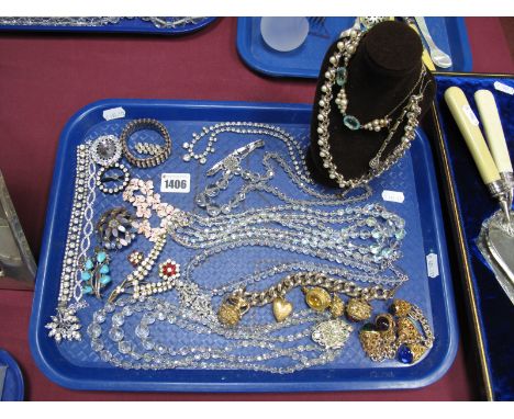 Vintage Costume Charm Bracelets, faceted bead necklaces, diamanté bracelets, flowerhead bracelet, etc:- One Tray