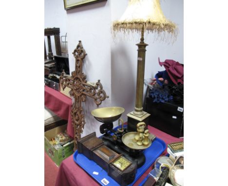 A Brass Columnar Table Lamp Base, on stepped squared base, with shade, a Victorian style Librasco set of scales with brass we