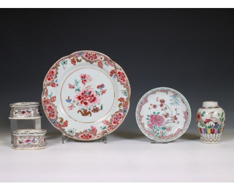 China, a small collection of famille rose porcelain, 18th-19th century, comprising a plate, a saucer, a tea-caddy and a pair 
