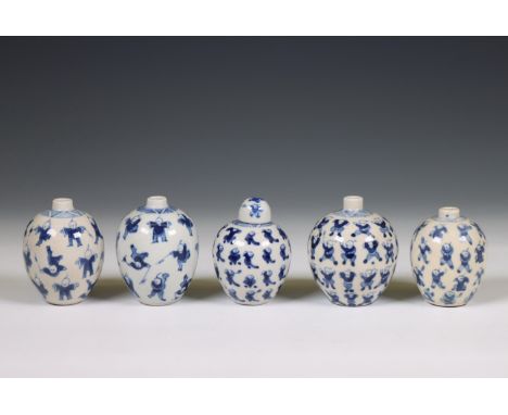 China, five soft paste blue and white 'one hundred boys' jarlets, 19th century, each painted with a dense pattern of boys on 