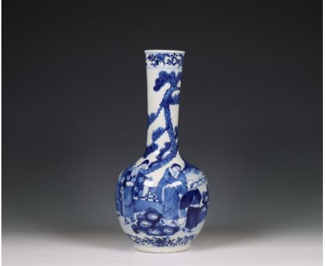 China, a blue and white porcelain bottle vase, 20th century, decorated with dignitaries in a landscape, with apocryphal Kangx