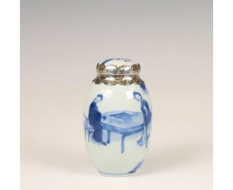 China, a silver-mounted blue and white porcelain oviform tea-caddy and cover, Kangxi period (1662-1722), the silver 19th cent