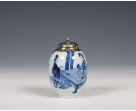 China, a silver-mounted blue and white porcelain jarlet, Kangxi period (1662-1722), the silver later, painted with a pair of 