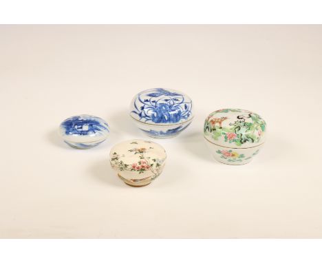 China and Japan, four various porcelain boxes and covers, 18th-19th century, comprising a blue and white box painted with a r