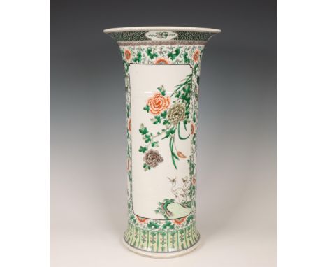 China, famille verte porcelain cylindrical vase, modern, painted in the Kangxi style with panels of antiquities, birds and fl