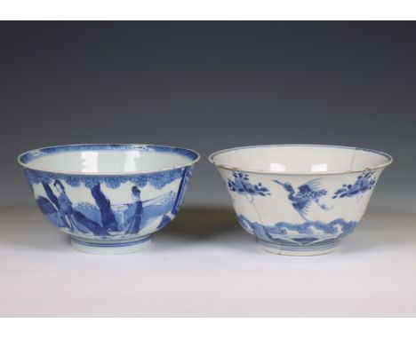 China, two blue and white porcelain bowls, Kangxi period (1662-1722), one decorated with ladies in a garden before a pavilion