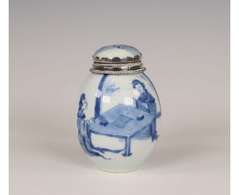 China, a silver-mounted blue and white porcelain oviform jar and cover, Kangxi period (1662-1722), the silver ca. 1900, paint