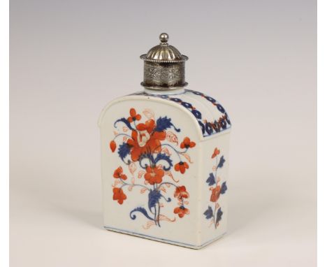 China, an Imari tea caddy with silver cover, 18th century, the silver later, of rectangular shape with rounded shoulders and 