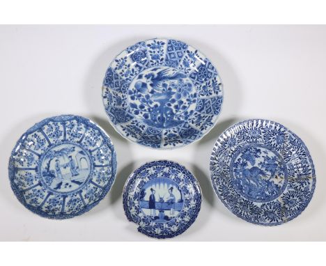 China, four various blue and white porcelain plates, Kangxi period (1662-1722) and later, one decorated with phoenix in flowe
