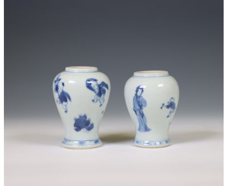 China, two blue and white porcelain jarlets, Kangxi period (1662-1722), one painted with boys at play, the other one with ele