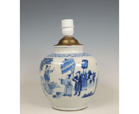 China, blue and white porcelain vase mounted as a lamp, 19th century, decorated with various figures in a continuous garden (