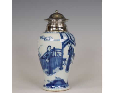 China, a silver-mounted blue and white porcelain vase, Kangxi period (1662-1722), the silver Van Kempen, ca. 1900, decorated 