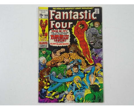 FANTASTIC FOUR #100 (1970 - MARVEL - UK Cover Price) - Milestone issue with Classic Cover + Mad-Thinker, Puppet Master appear