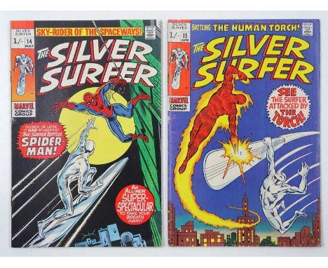 SILVER SURFER #14 &amp; 15 (2 in Lot) - (1970 - MARVEL - UK Price Variant) Includes Spider-Man, Human Torch, The Thing and Mr