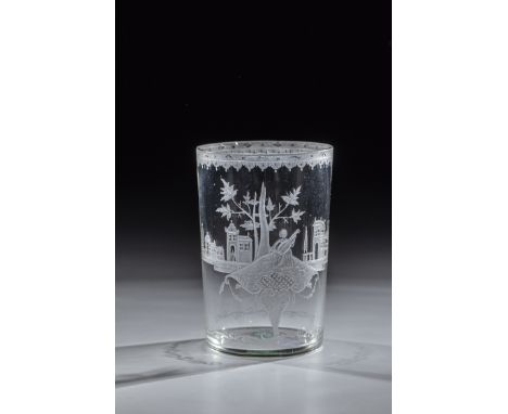 Zylinderbecher Glas Buquoysche Glashuette Gratzen, Dekorausfuehrung Carl Josef Lechner (zugeschrieben), E. 18. Jh. Oberhalb d