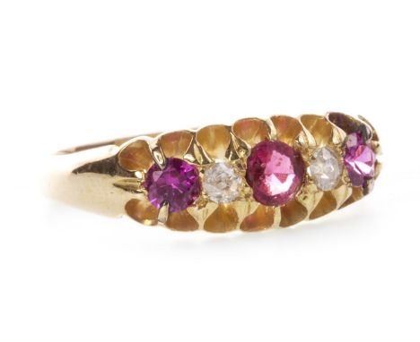 VICTORIAN CREATED RUBY AND DIAMOND RING, the boat shaped setting with three graduated created rubies interspaced by two old r
