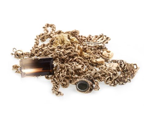 GROUP OF NINE CARAT GOLD AND OTHER JEWELLERY, including two pendants on chains, four chain necklaces and three bracelets, mos