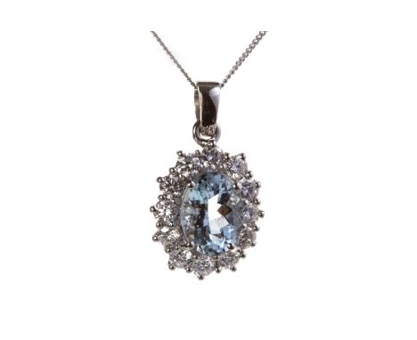 AQUAMARINE AND DIAMOND CLUSTER PENDANT, set with a central oval faceted aquamarine 8mm long surrounded by diamonds totalling 