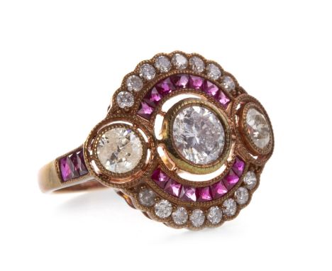 ART DECO STYLE RUBY AND DIAMOND RING, the bezel of overall circular form, set with three round brilliant cut diamonds, with t