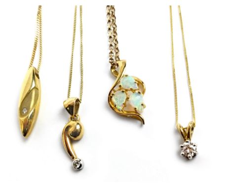 FOUR PENDANTS ON CHAINS, including one navette shaped example, set with a single diamond to a satin finish section, 23.5mm hi
