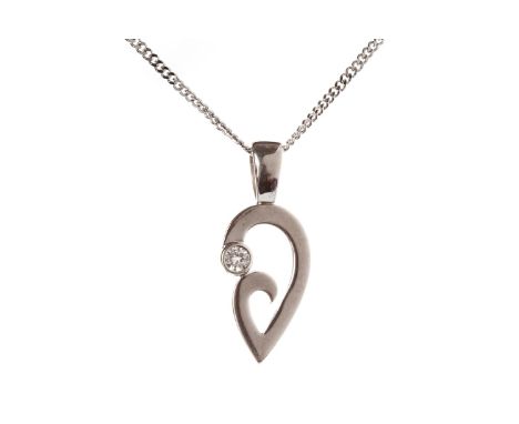 DIAMOND PENDANT, of open form, pear shaped and set with a single diamond of approximately 0.050 carats, 23mm high including b