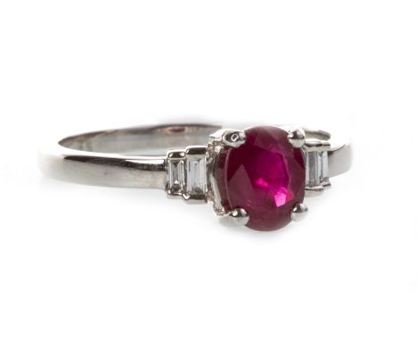 RUBY AND DIAMOND RING, set with a central oval faceted ruby 6.5mm long and on baguette cut diamond shoulders, in eighteen car