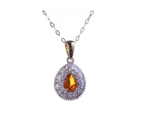 FIRE OPAL AND DIAMOND PENDANT, the central pear shaped fire opal within a double halo of round and baguette cut diamonds, mar