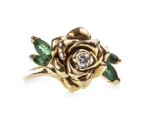 DIAMOND AND GEM SET RING, the moulded floral motif bezel 14mm wide and set with a central diamond of approximately 0.10 carat