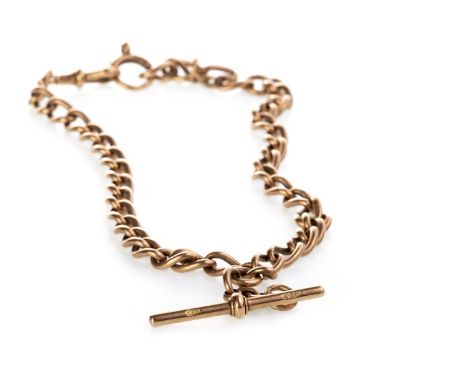 EARLY 20TH CENTURY PART WATCH CHAIN, formed by curb links, with a T bar, dog clip and lobster clasps, each link marked 375, 3