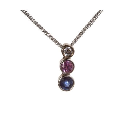 DIAMOND AND GEM SET PENDANT, formed by three graduated collet set gems, a diamond to the top with a pink and blue gem below, 