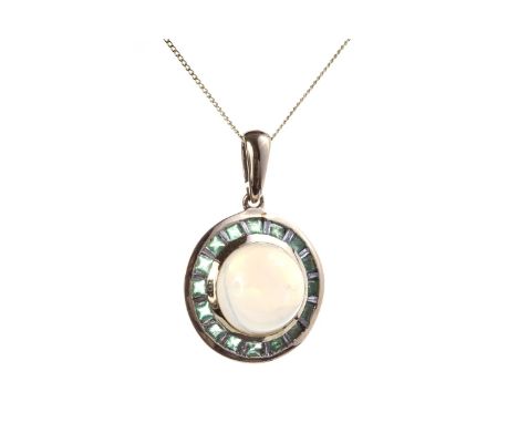 OPAL, GREEN GEM AND DIAMOND PENDANT, the central circular cabochon opal within a halo of square green gems interspaced by bag