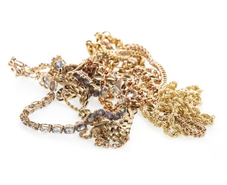 GROUP OF CHAIN NECKLACES AND BRACELETS, most marked for nine carat gold, including a gem set bracelet, 64g gross