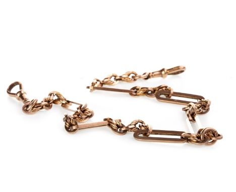 EARLY TWENTIETH CENTURY FANCY LINK WATCH CHAIN, formed by ropetwist, oval and oblong links, with two dog clip clasps, marked 