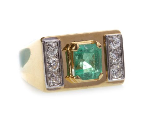 EMERALD AND DIAMOND RING, mid twentieth century in style, set with a central emerald cut emerald 7.8x6.9mm and flanked by two