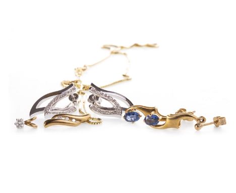 TWO PAIRS OF EARRINGS AND TWO PENDANTS, one pair of earrings with each formed by two tapered open sections with grain set dia