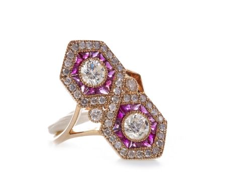 ART DECO STYLE RUBY AND DIAMOND RING, the ornate bezel 24.5mm long and formed by two hexagonal sections, each set with a cent