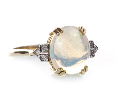 OPAL AND DIAMOND RING, the central cabochon opal 11.7x9.8mm, on diamond shoulders, in nine carat gold, size O 1/2, 2.9g