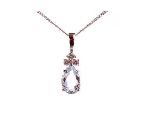 AQUAMARINE AND DIAMOND PENDANT, set with a pear shaped aquamarine 13mm long below three round brilliant cut diamonds totallin