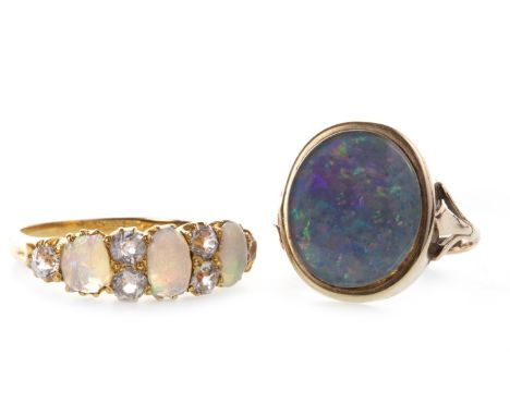 OPAL AND GEM SET RING, set with three oval opals and six white gems, unmarked, size P, along with an opal doublet set ring, m