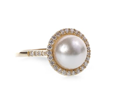 PEARL AND DIAMOND RING, set with a central round pearl 9.3mm diameter within a diamond border, marked 14K, size L, 3.9g, with