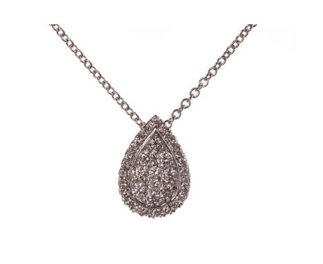 DIAMOND CLUSTER PENDANT,~ pear shaped and set all over with round brilliant cut diamonds, 13mm high, marked 750, on a chain 4