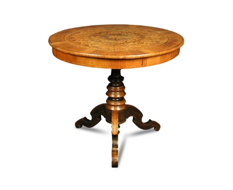 A Sorrento pedestal table, late 19th century, the circular drum top inlaid with radiating parquetry veneers to a turned colum