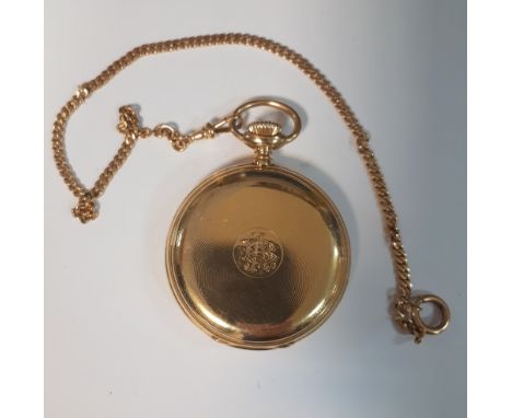 Patek Philippe - an 18ct gold full hunter cased keyless pocket watch, the white enamel dial printed in black with Roman numer