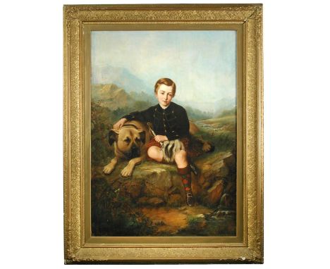K *** Swift (British, 19th Century) Portrait of a young boy, seated, wearing Highland dress, his arm upon his pet mastiff, hi
