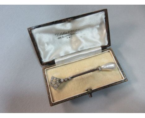 A certificated natural saltwater pearl and diamond stick pin, the 15mm long baroque drop shaped pearl weighing 5.79cts (17.9g