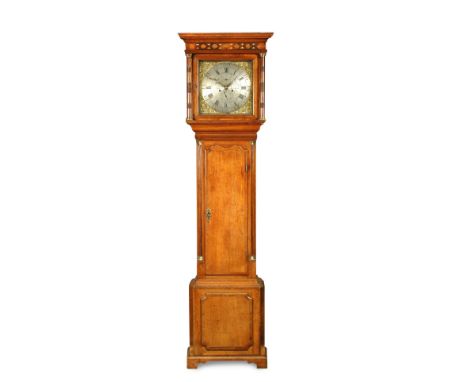 A late George III oak and crossbanded longcase clock, the rectangular hood with geometric inlaid frieze, above 13inch (33cm) 